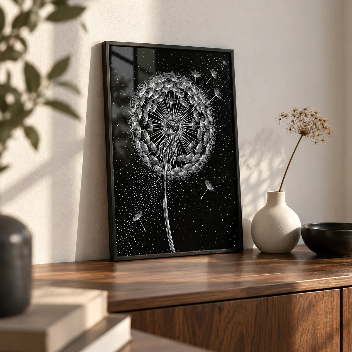 Dandelion Poster, a small A4 framed print leaning on a walnut side table in a hallway