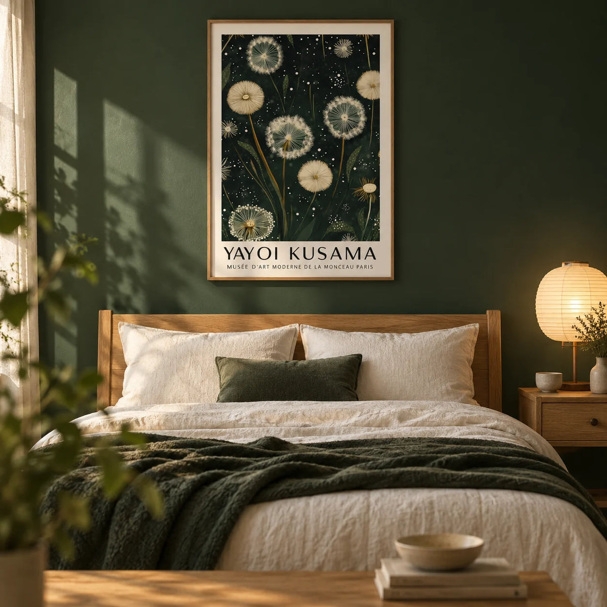 Dandelion Print, framed on the wall of a calm bedroom with a deep forest green painted wall