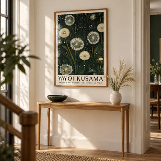 Dandelion Print, framed on the wall of a calm hallway with a pale cream wall