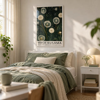 Dandelion Print, framed on the wall of a calm teen girl's bedroom (13-17) with a soft white wall