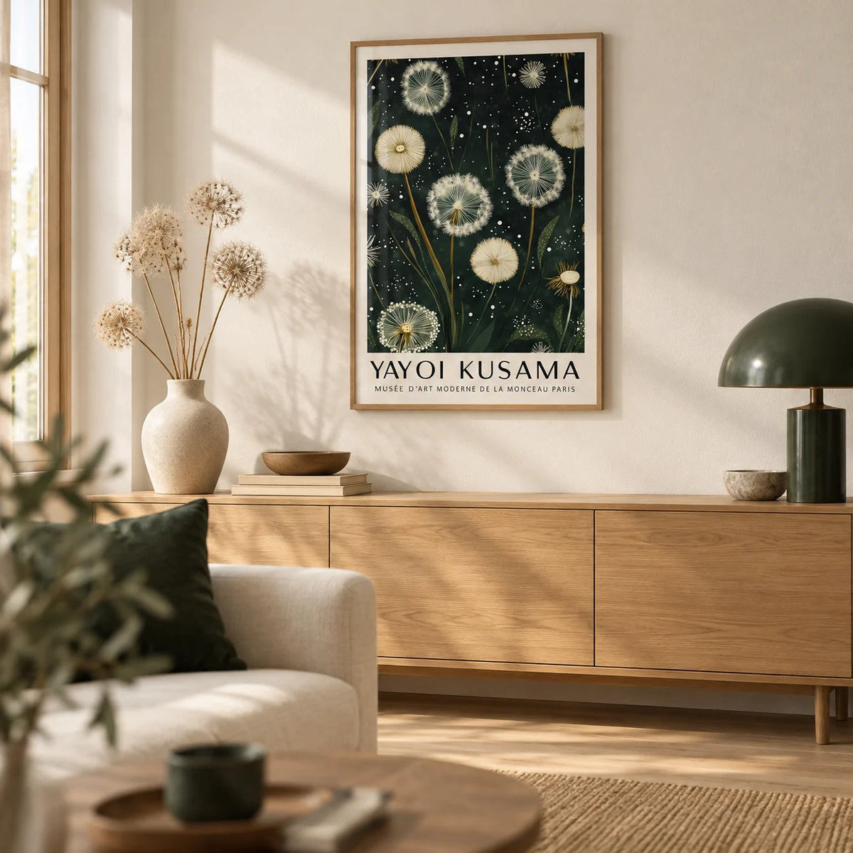 Dandelion Print, framed on the wall of a Japandi living room with a warm white wall and a pale oak floor