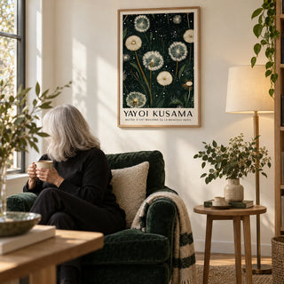 Dandelion Print, framed on the wall of a quiet reading nook by a window with a cream wall in a living room