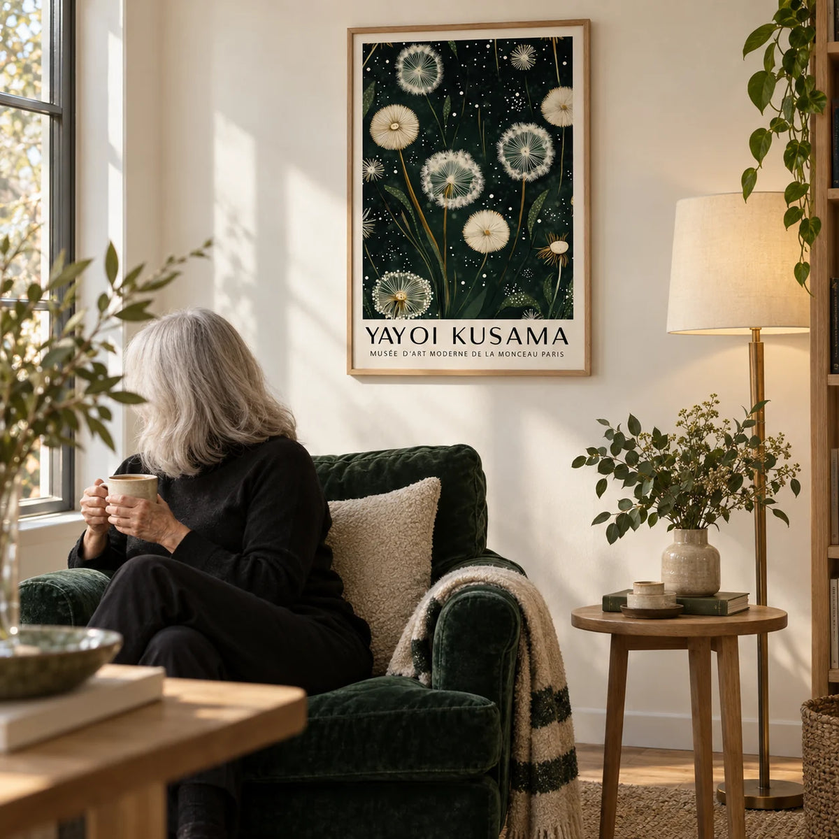 Dandelion Print, framed on the wall of a quiet reading nook by a window with a cream wall in a living room