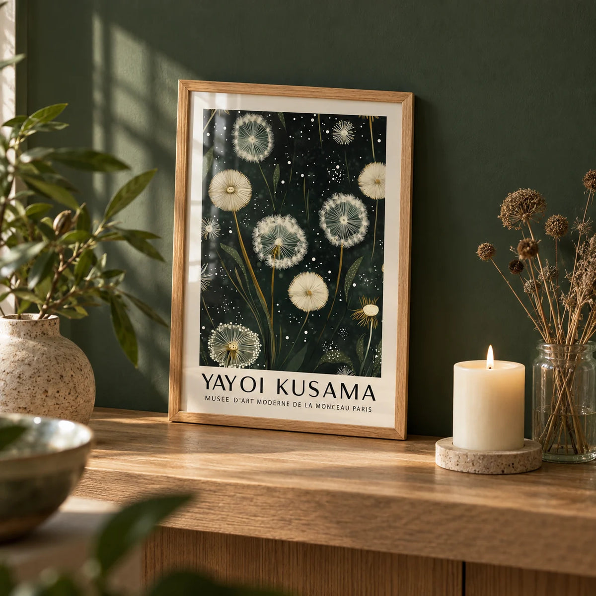 Dandelion Print, a small A4 framed print leaning on an oak shelf in a living room