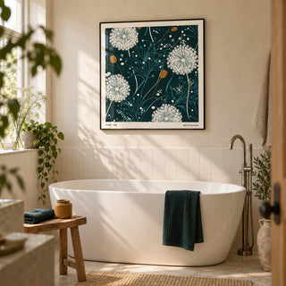 Dandelion Wall Art, framed on the wall of a bright botanical bathroom in a renovated UK semi with warm ivory plaster above plain ivory tiles