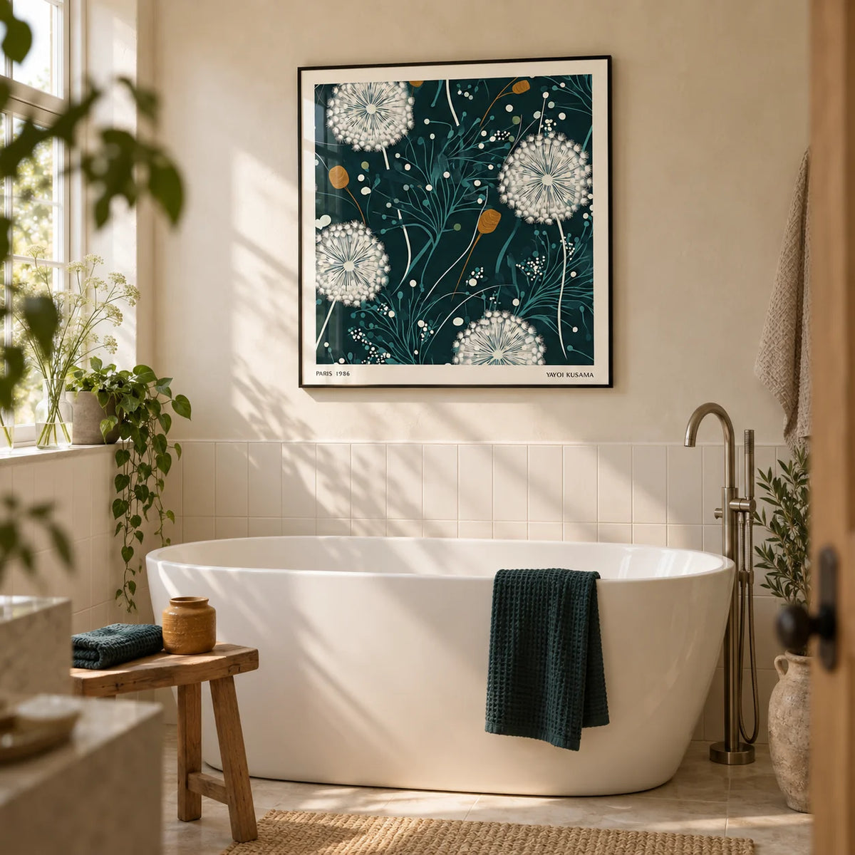 Dandelion Wall Art, framed on the wall of a bright botanical bathroom in a renovated UK semi with warm ivory plaster above plain ivory tiles