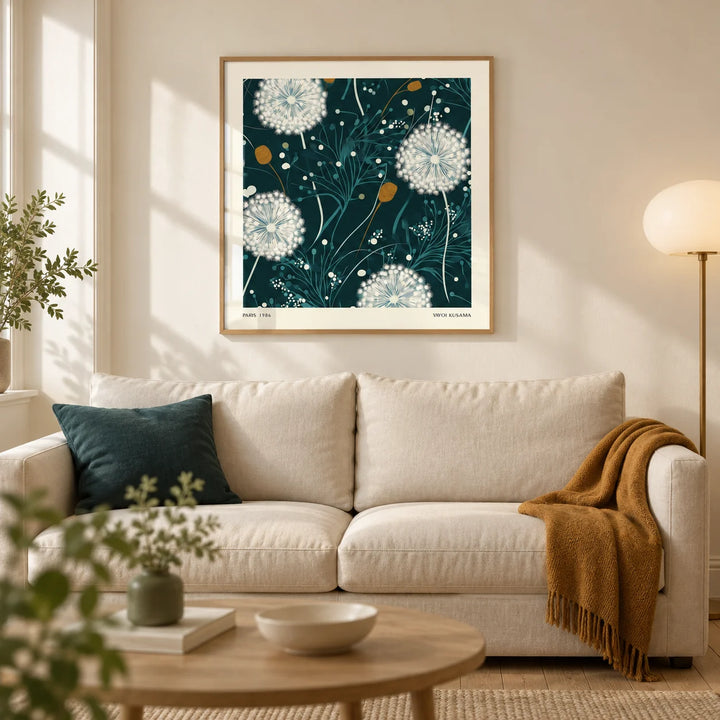 Dandelion Wall Art, framed on the wall of a calm modern living room in a UK terraced house with warm ivory walls and pale oak floorboards