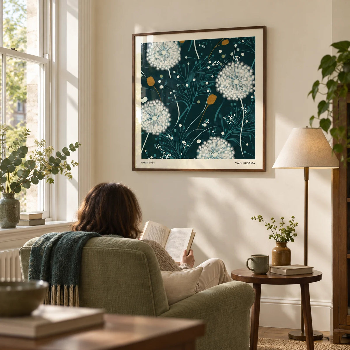 Dandelion Wall Art, framed on the wall of a quiet reading corner in a mature couple's flat with an ivory wall and a tall sash window in a living room