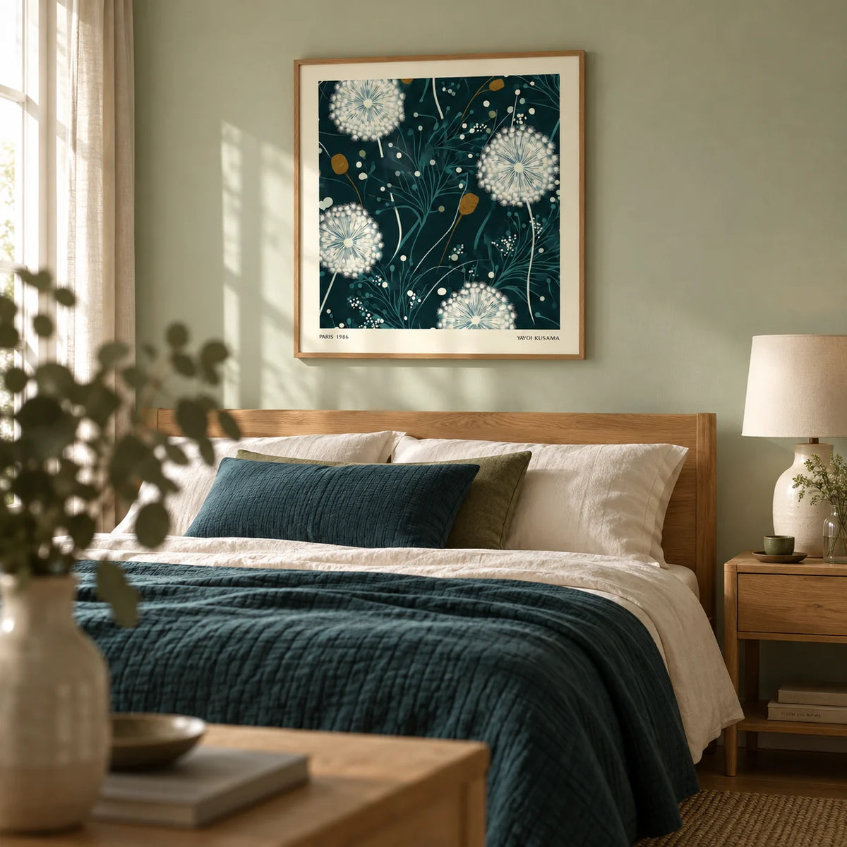 Dandelion Wall Art, framed on the wall of a restful adult bedroom with a pale green painted wall and oak furniture