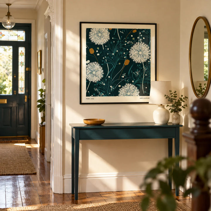 Dandelion Wall Art, framed on the wall of a welcoming hallway in a Victorian terrace with warm ivory walls and restored timber floorboards