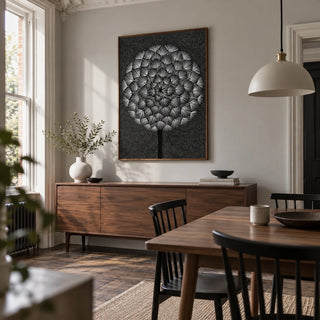 Dandelion Wall Print, framed on the wall of a design-led dining room in a Victorian terrace with a pale grey wall