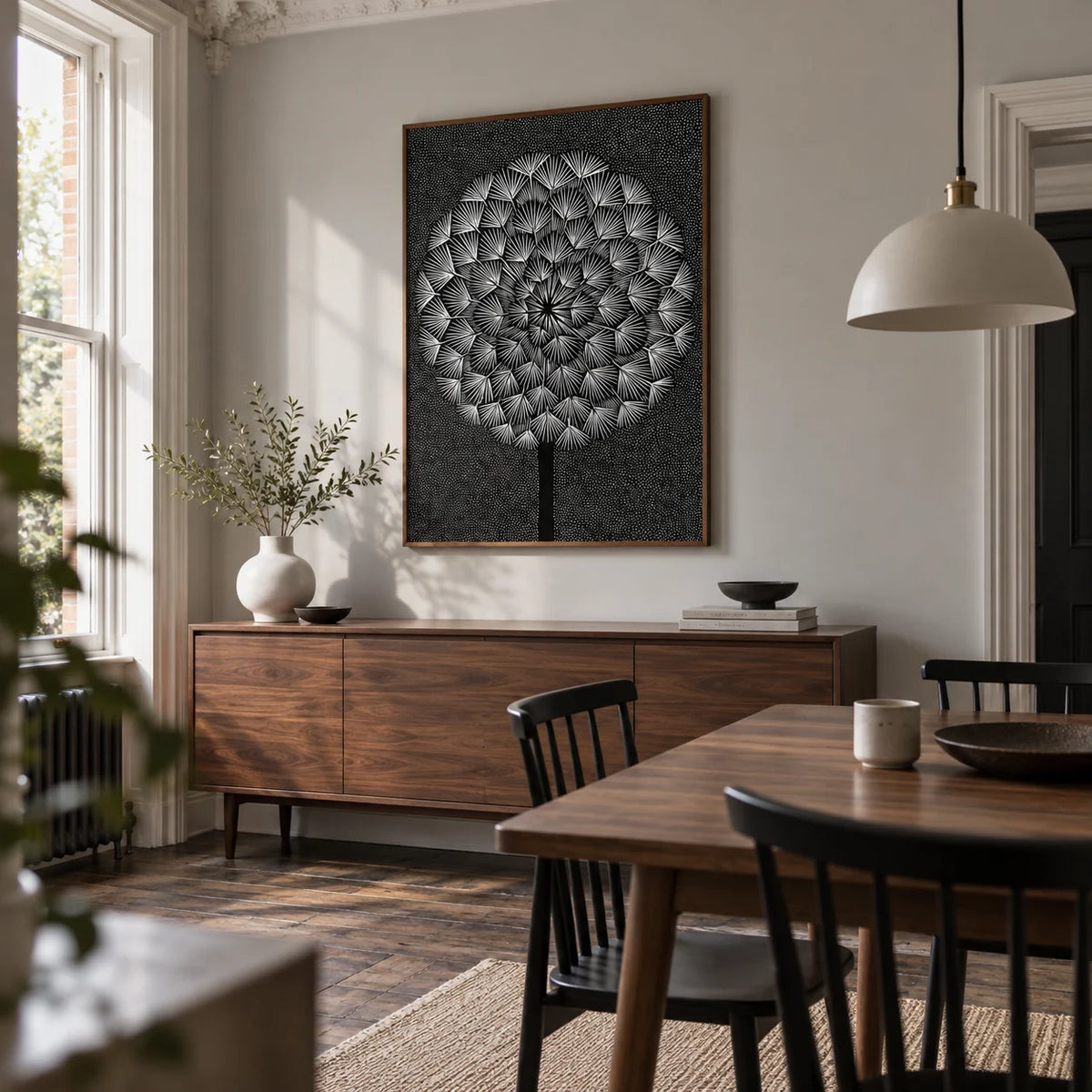 Dandelion Wall Print, framed on the wall of a design-led dining room in a Victorian terrace with a pale grey wall
