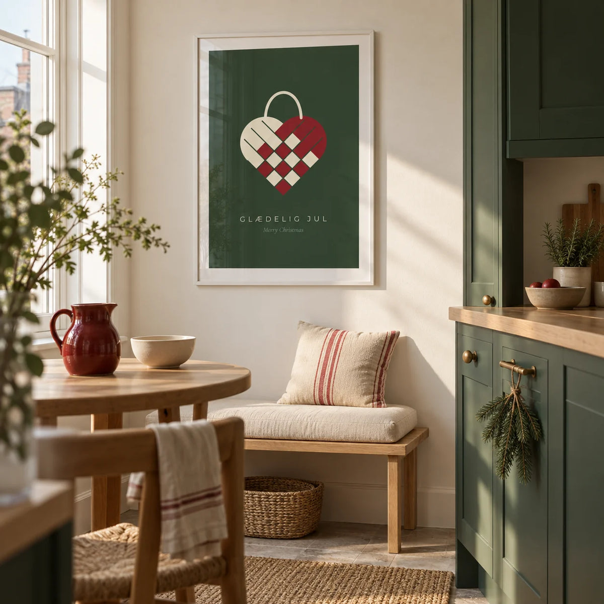 Danish Christmas Print, framed on the wall of a clean Scandinavian kitchen in a UK maisonette with forest green cabinets
