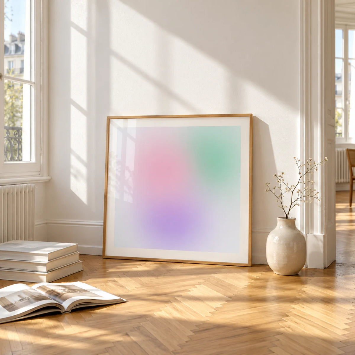 Danish Pastel Print, framed and leaning on the parquet floor of a bright living room