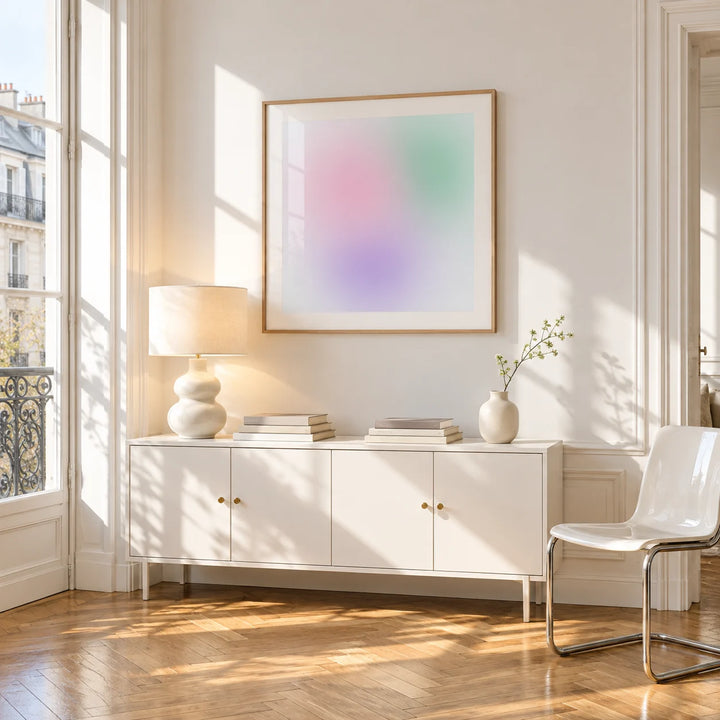 Danish Pastel Print, framed on the wall of a bright Paris style apartment in a living room