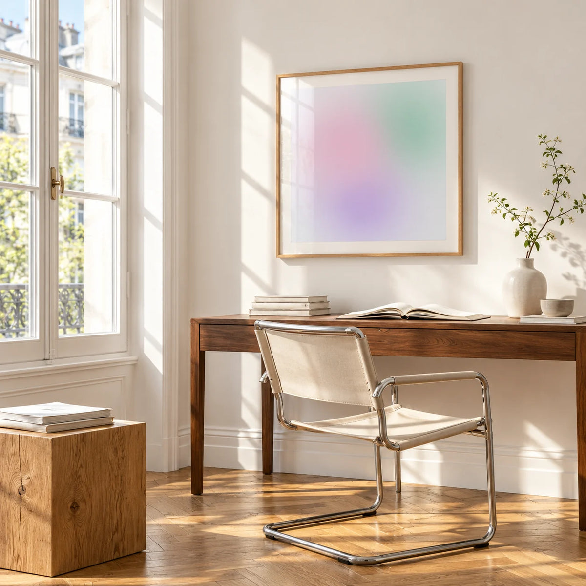 Danish Pastel Print, framed on the wall of a bright study corner with a tall white paned window