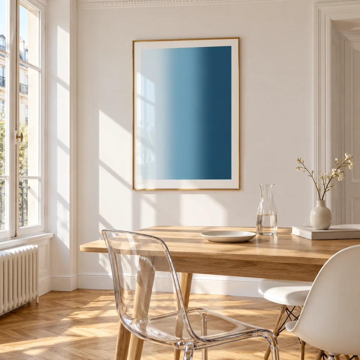 Dark Blue Wall Art, framed on the wall of a bright dining corner