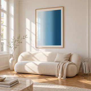 Dark Blue Wall Art, framed on the wall of a bright living room corner