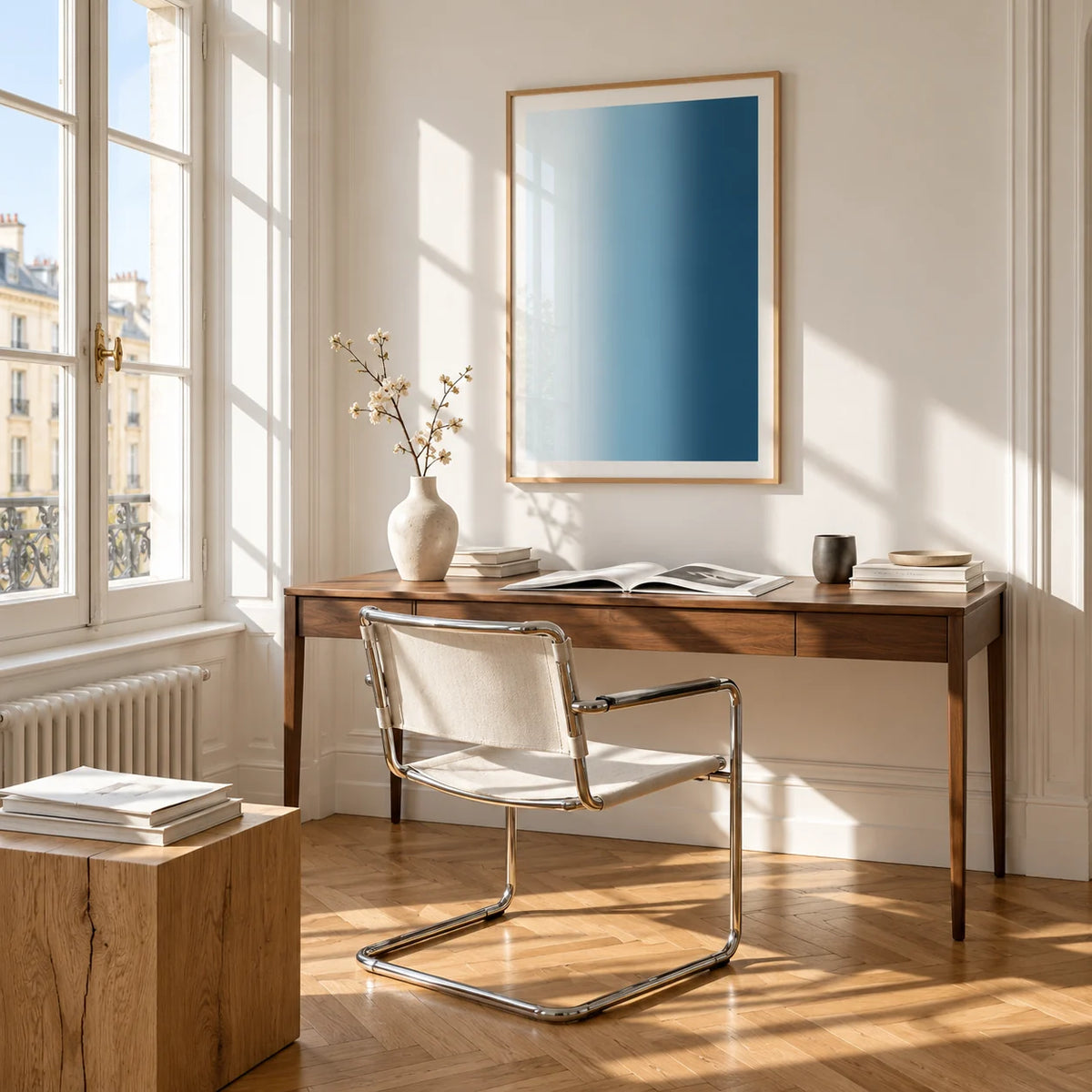 Dark Blue Wall Art, framed on the wall of a bright study corner with a tall white paned window