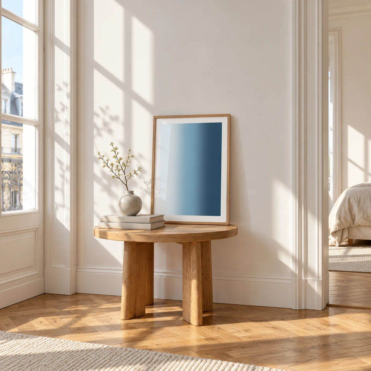 Dark Blue Wall Art, a small A4 framed print leaning on a small solid oak side table