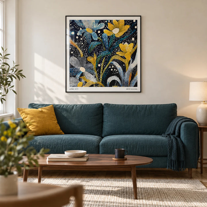 Dark Floral Wall Art, framed on the wall of a modern living room in a UK terraced house with warm white walls and stripped oak floorboards