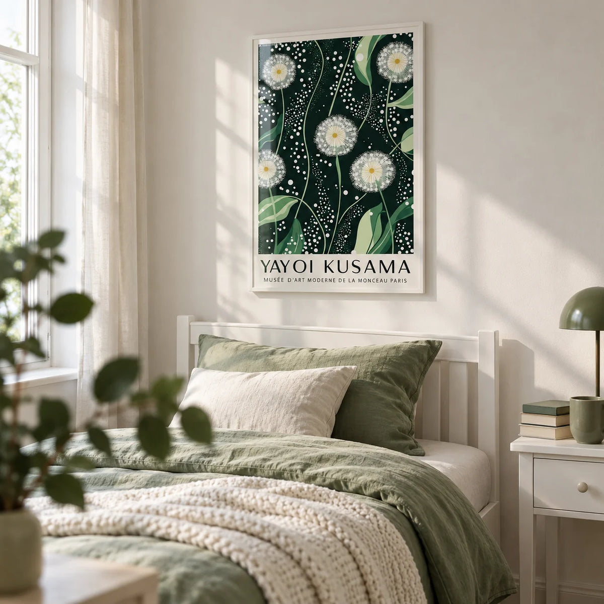 Yayoi Kusama Dandelions: Dark Green Wall Art, framed on the wall of a fresh single bedroom in a family home