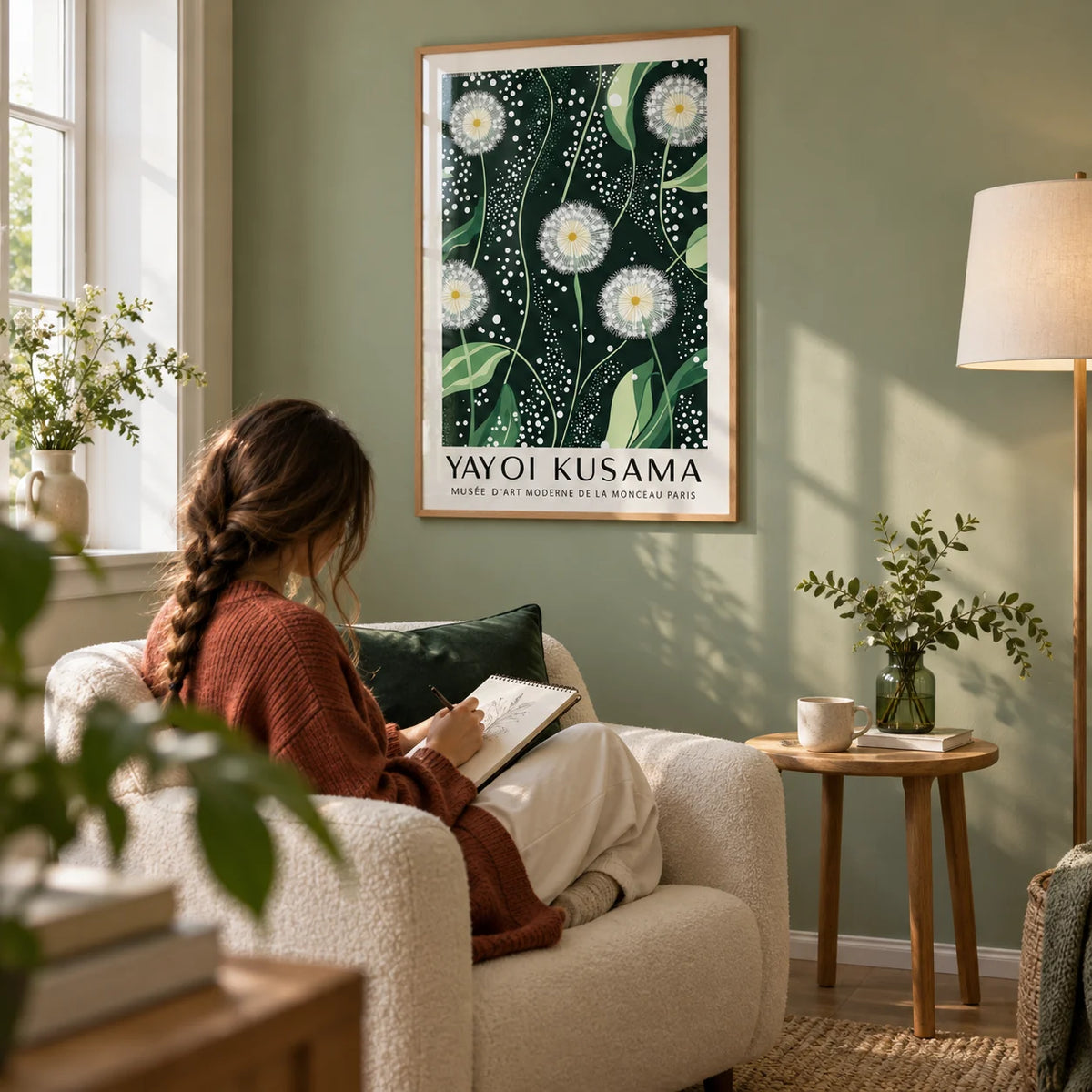 Yayoi Kusama Dandelions: Dark Green Wall Art, framed on the wall of a quiet reading nook with a soft sage green wall in a living room