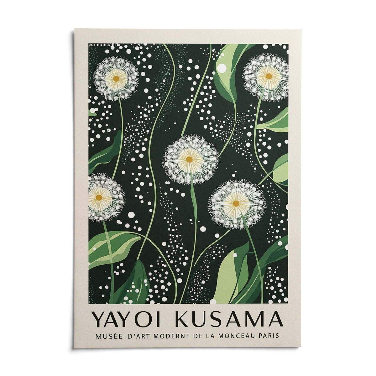 Yayoi Kusama Dandelions: Dark Green Wall Art, shown as an unframed paper print on a plain white background
