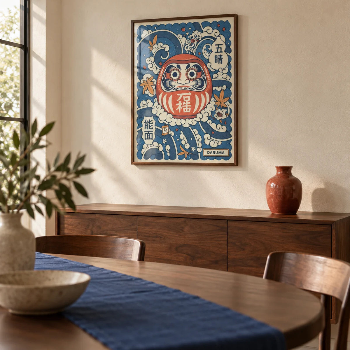 Daruma Art, framed on the wall of a calm dining room with a cream plaster wall