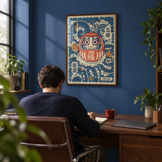 Daruma Art, framed on the wall of a focused home office with a cobalt blue painted wall
