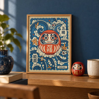Daruma Art, a small A4 framed print leaning on an oak shelf in a living room