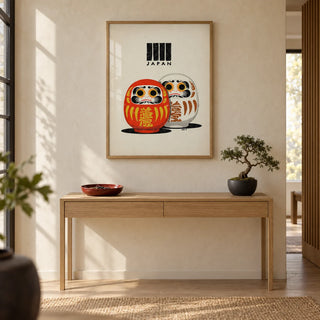 Daruma Print, framed on the wall of a calm Japandi entrance hall with a warm cream limewashed wall and a pale oak floor