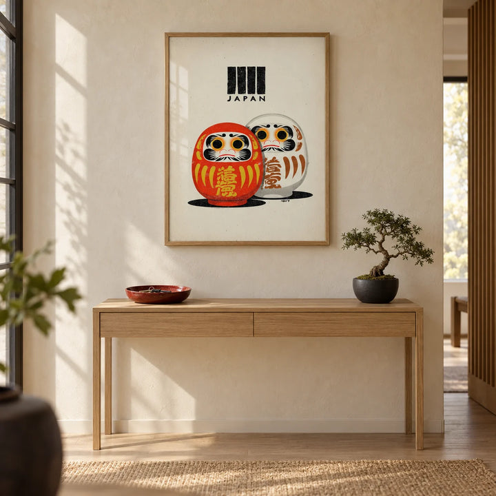Daruma Print, framed on the wall of a calm Japandi entrance hall with a warm cream limewashed wall and a pale oak floor