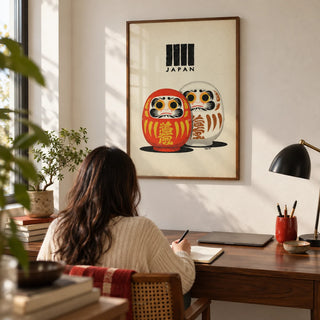 Daruma Print, framed on the wall of a home office with a soft white wall