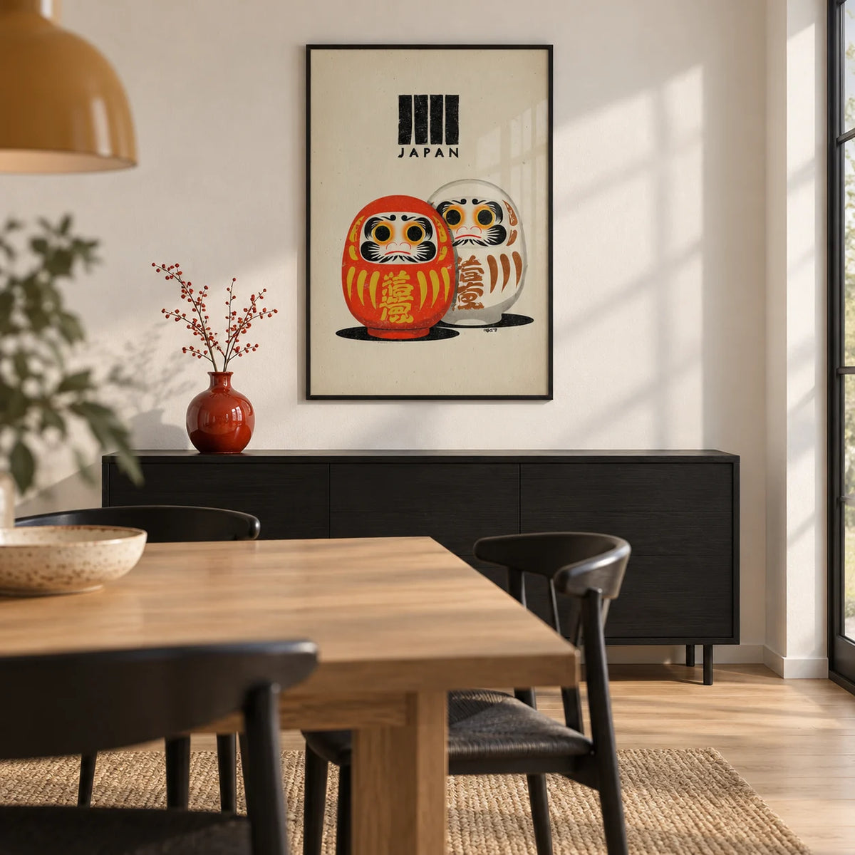 Daruma Print, framed on the wall of a modern dining room with a white wall and a pale oak floor