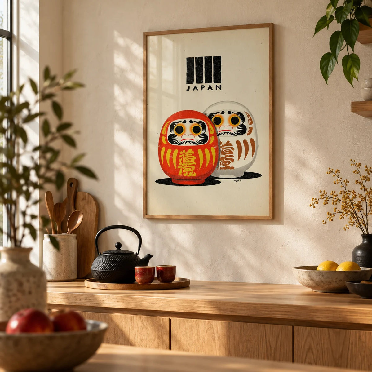 Daruma Print, framed on the wall of a warm modern kitchen with a cream plaster wall