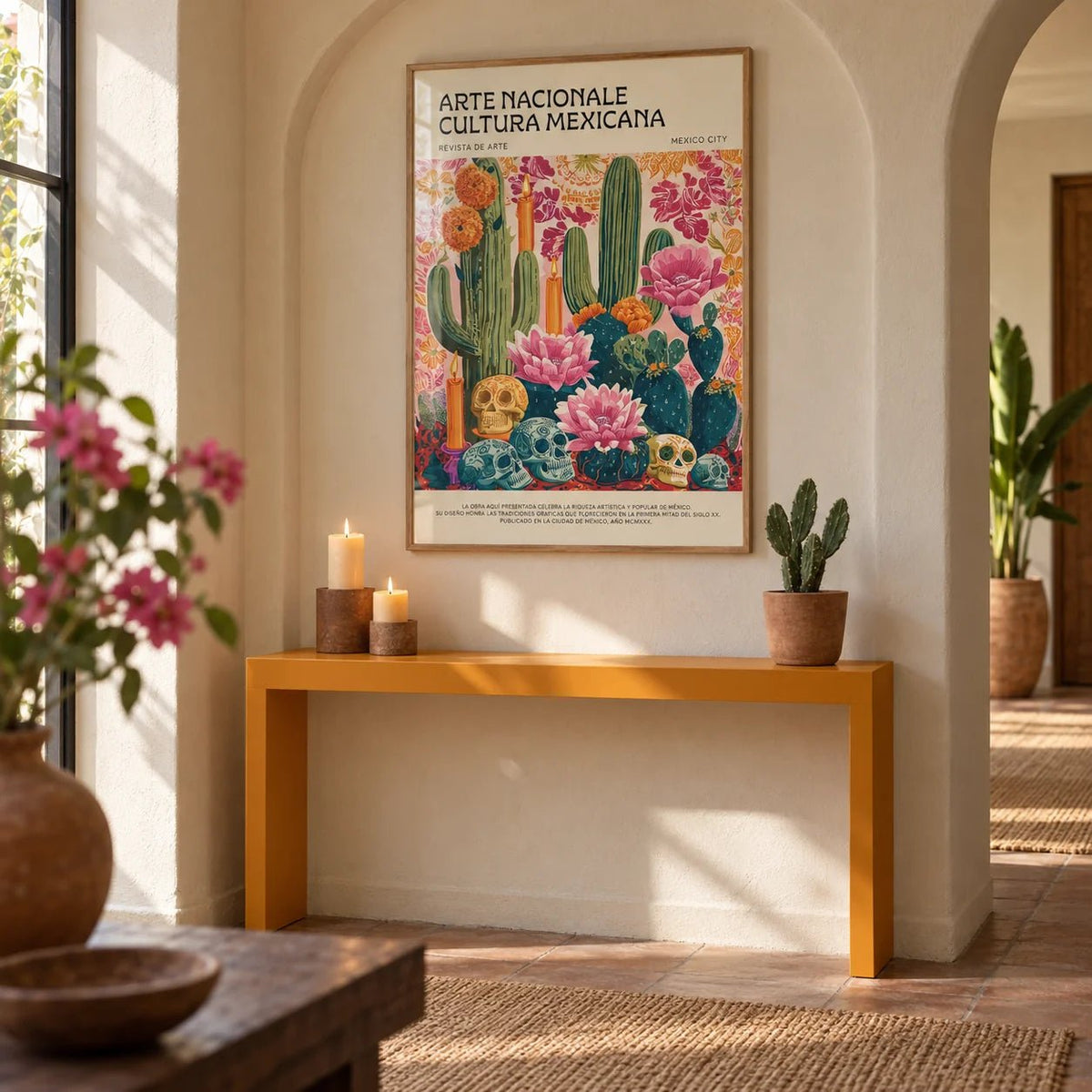 Day of the Dead Wall Art, framed on the wall of a Mexican-modern hallway with an arched plaster niche