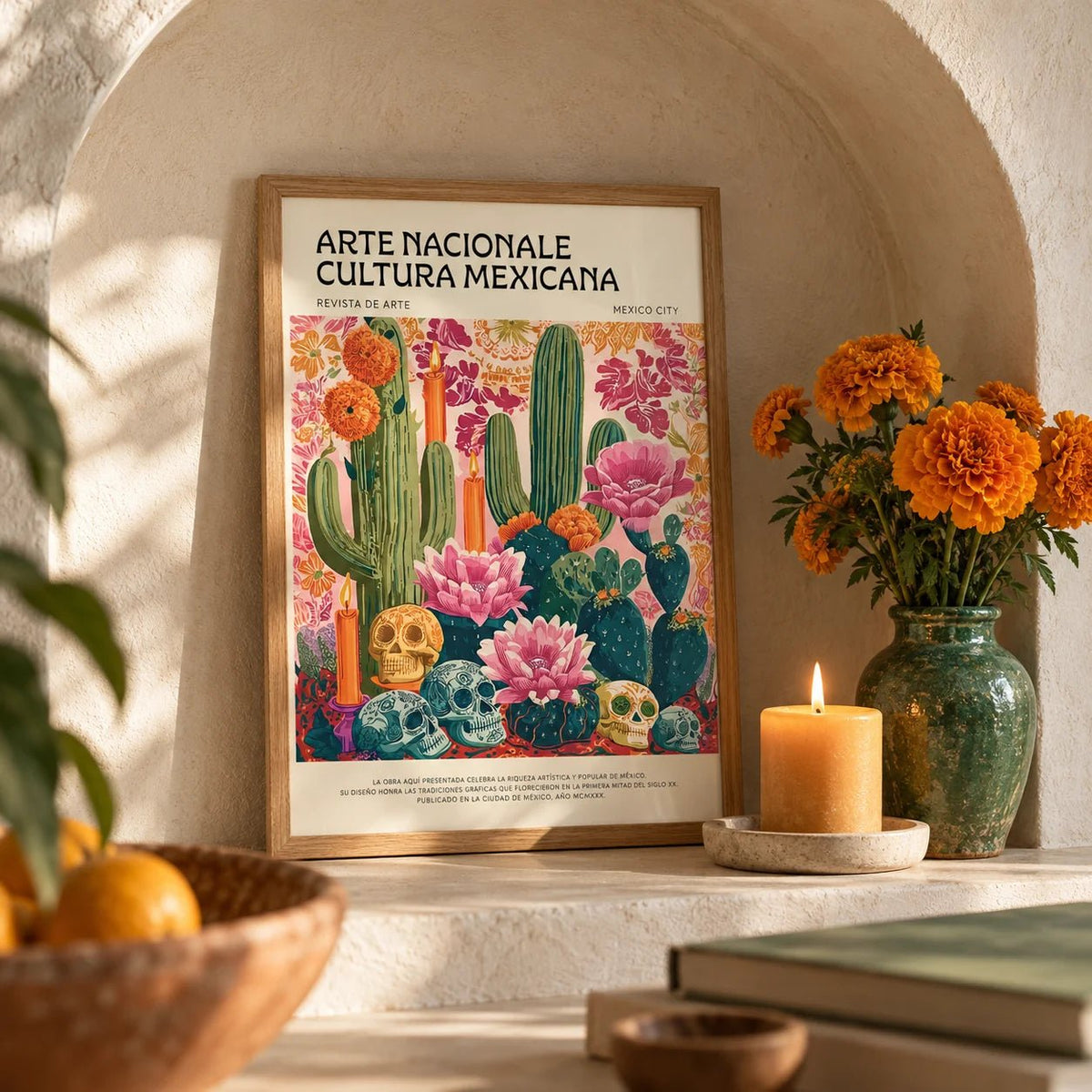 Day of the Dead Wall Art, a small A4 framed print leaning on a shelf in a living room