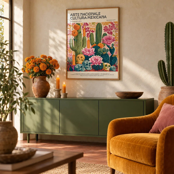 Day of the Dead Wall Art, framed on the wall of a warm Mexican-modern living room with limewashed plaster walls and a plain terracotta floor