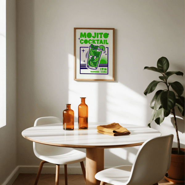 Retro-themed Mojito Cocktail Print, Blue and Green for living room