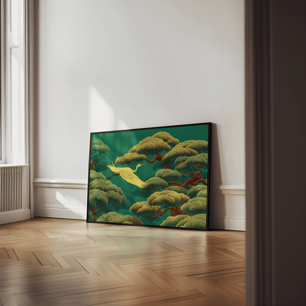 White Crane Artwork poster, office decor, green and white