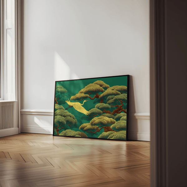 White Crane Artwork poster, office decor, green and white