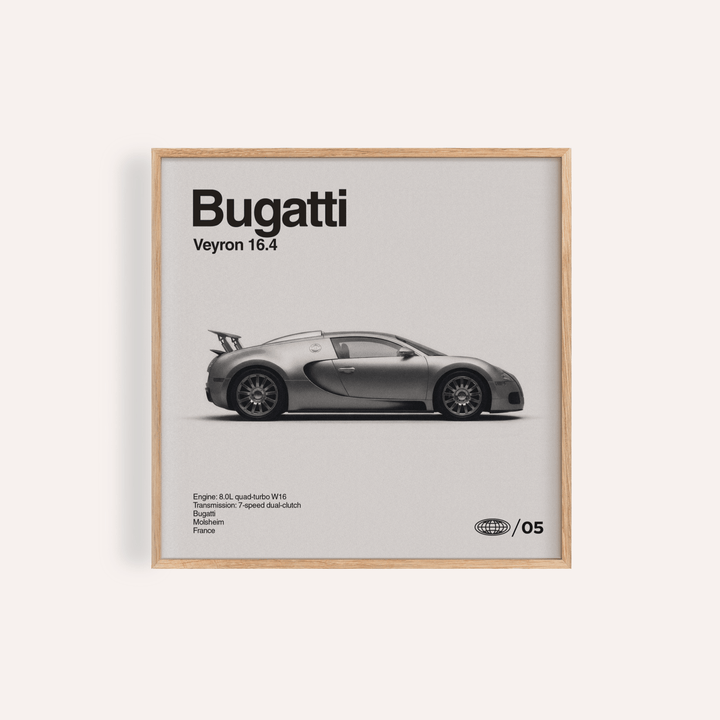 Bugatti Veyron Car Print in black and white for living room wall art