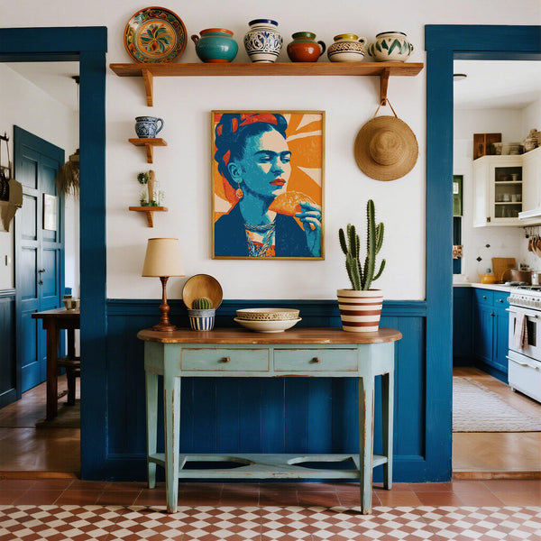 Vivid taco print featuring Frida Kahlo with red lips and taco in hand.