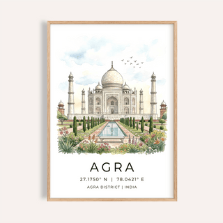 Illustrated Taj Mahal wall art print with garden and reflecting pool