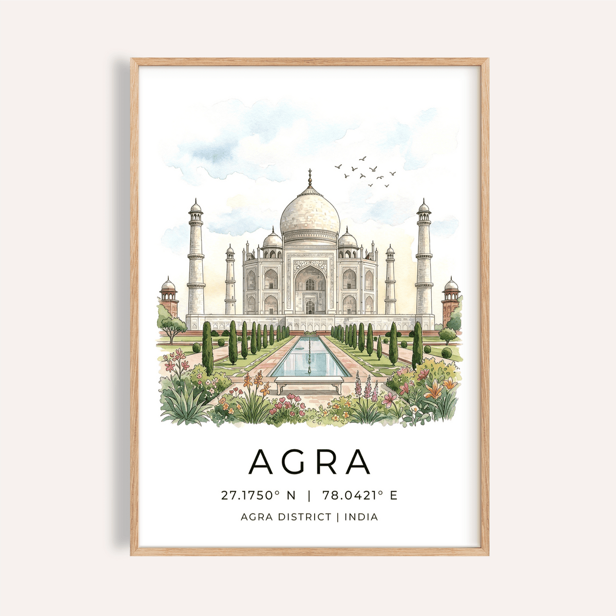 Illustrated Taj Mahal wall art print with garden and reflecting pool