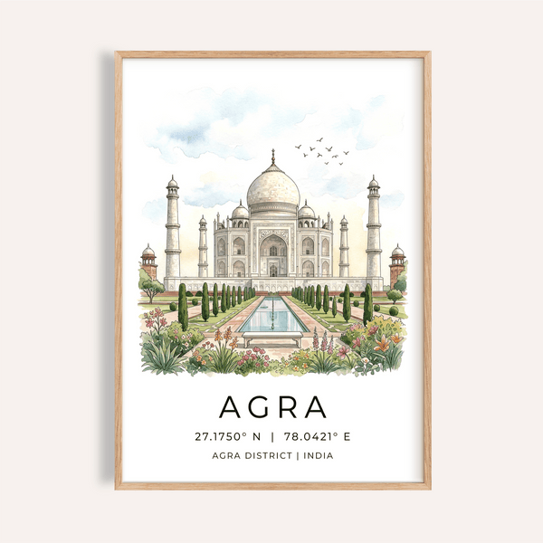 Illustrated Taj Mahal wall art print with garden and reflecting pool