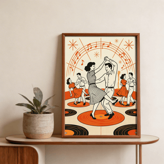 Retro Dance Wall Art poster with dancing couple, records, and musical notes