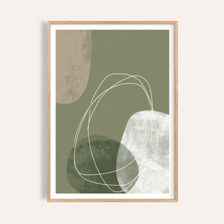 Abstract wall art poster showing layered rounded forms in green white and beige