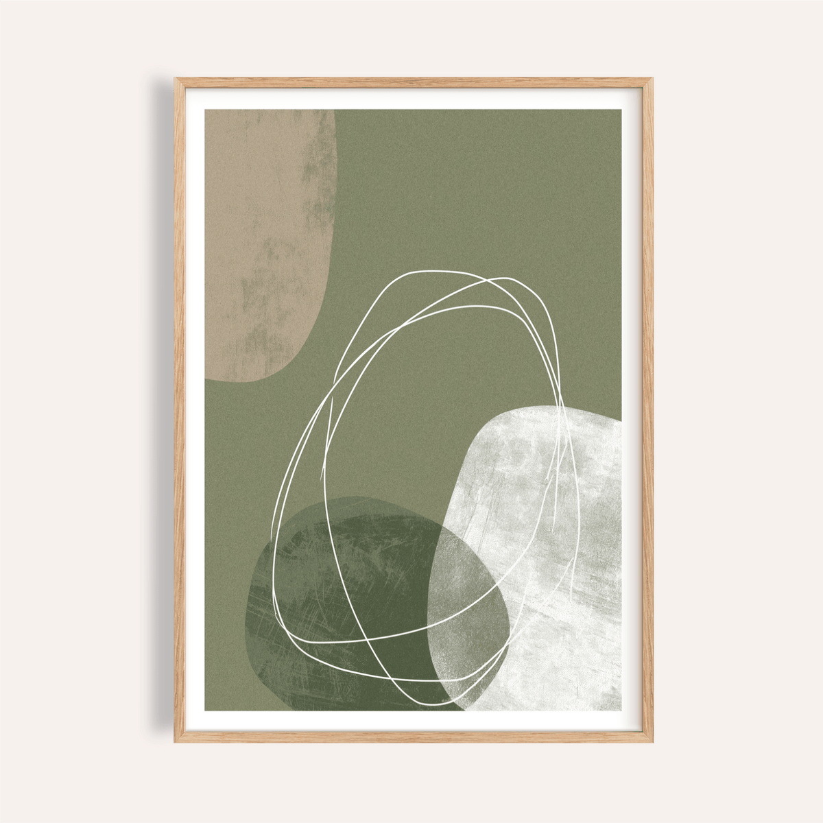 Abstract wall art poster showing layered rounded forms in green white and beige